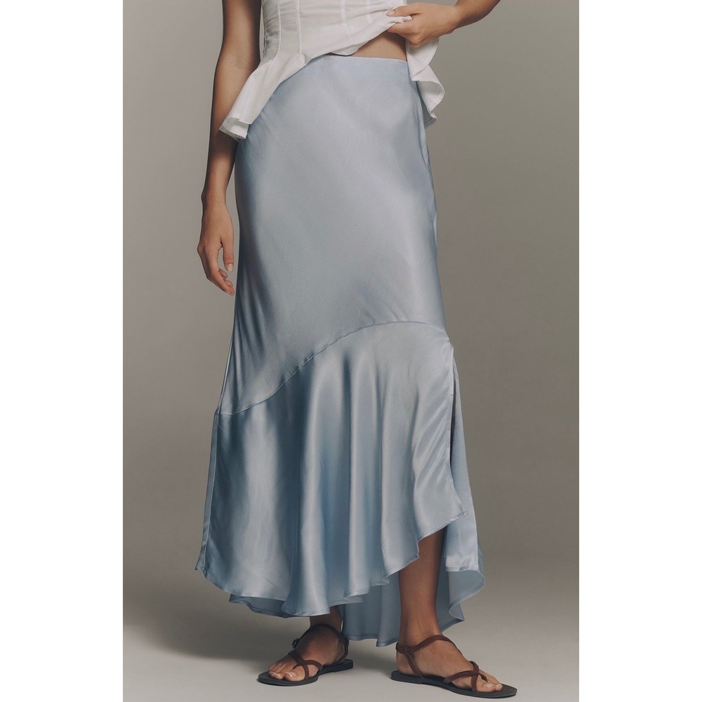 Maeve Anthropologie XL Blue Satin Asymmetric Maxi Skirt Coquette NWT